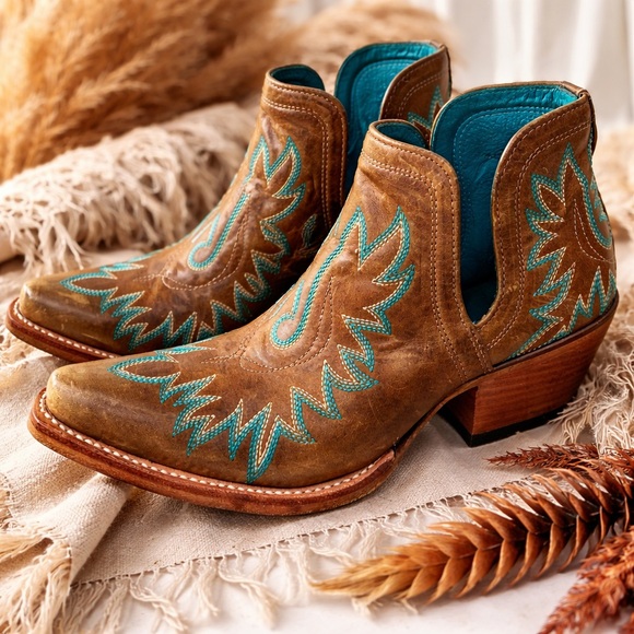 Ariat Shoes - Ariat Brown Leather Ankle Booties with Teal Embroidery 6.5B 2.5” heel